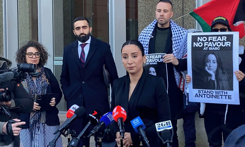 Antoinette lattouf speaks to media after winning her case against the abc